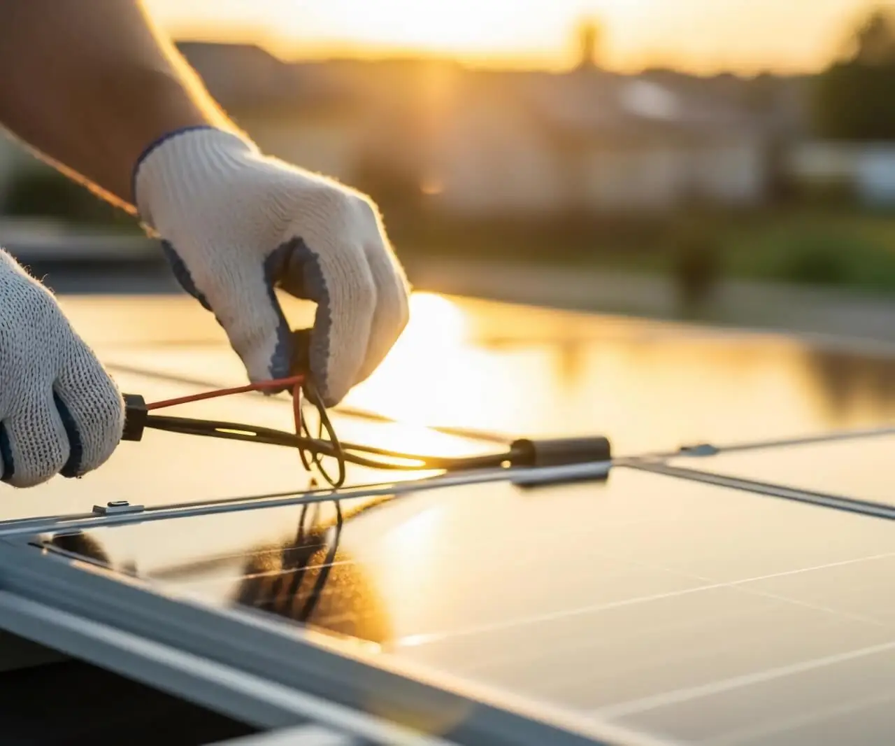 Technicien raccordant les câbles d'un panneau solaire au coucher du soleil pour Alvea Solaire