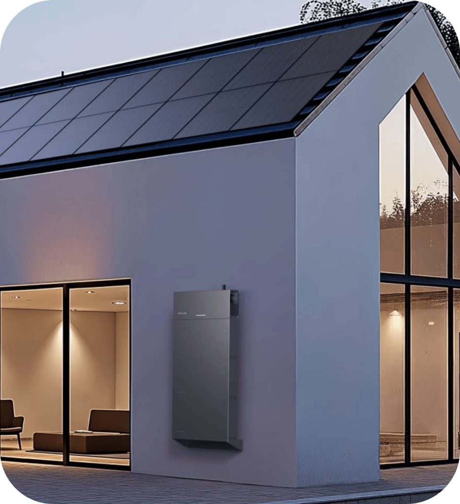 Batterie de stockage solaire en façade d'une maison moderne avec panneaux photovoltaïques — Alvea Solaire, Dinan